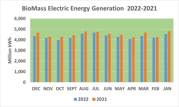 Graphik zeigt Trends der elektrischen Energieerzeugung aus Biomasse von 2021 bis 2022 mit begleitendem Text.