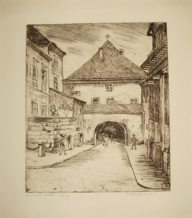 Eine Zeichnung einer Straße im alten Stadtzentrum von Heidelberg mit einem Gebäude im Hintergrund, Menschen, die den Weg entlanggehen, und Gebäuden auf beiden Seiten, betitelt als "untitled street in the old town of Heidelberg, Germany" von Rudolf Rüttmann.