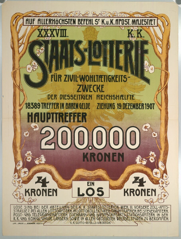 Plakat an einer Gebäudewand, das eine Lotterie mit Text, Zahlen und großen Bildern von Geldscheinen ankündigt.