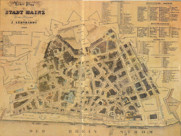 Ausfuhrliches altes Stadtplan von Mainz, Deutschland, das StraBen, Gebaude und Landmarken auf altem Papier mit Text zeigt.
