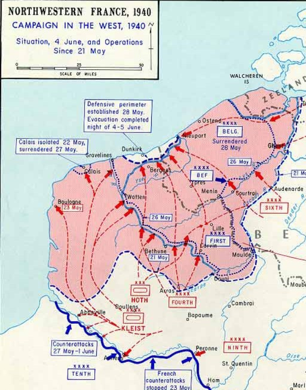 Plakat mit einem detaillierten Kartenmaterial von Nordfrankreich während des Westfeldzugs 1940, versehen mit Text und numerischen Daten.