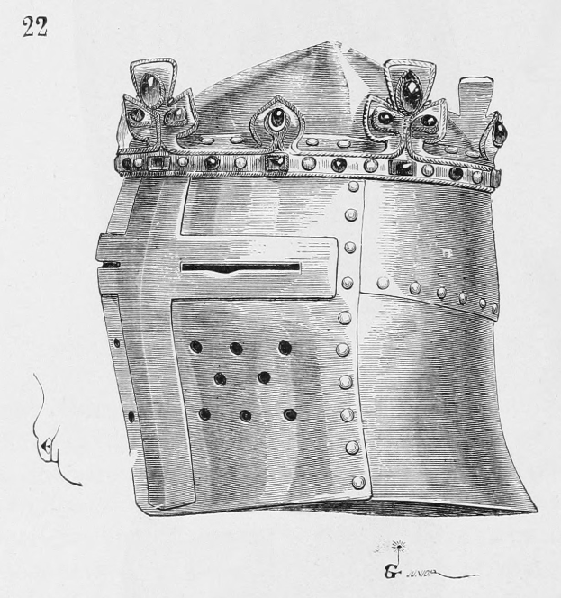 Schwarze und weiße Zeichnung eines Helms mit einer juwelenbesetzten Krone, die mit detaillierten kreisförmigen und linearen Mustern verziert ist, sowie dekorativem Text unten.