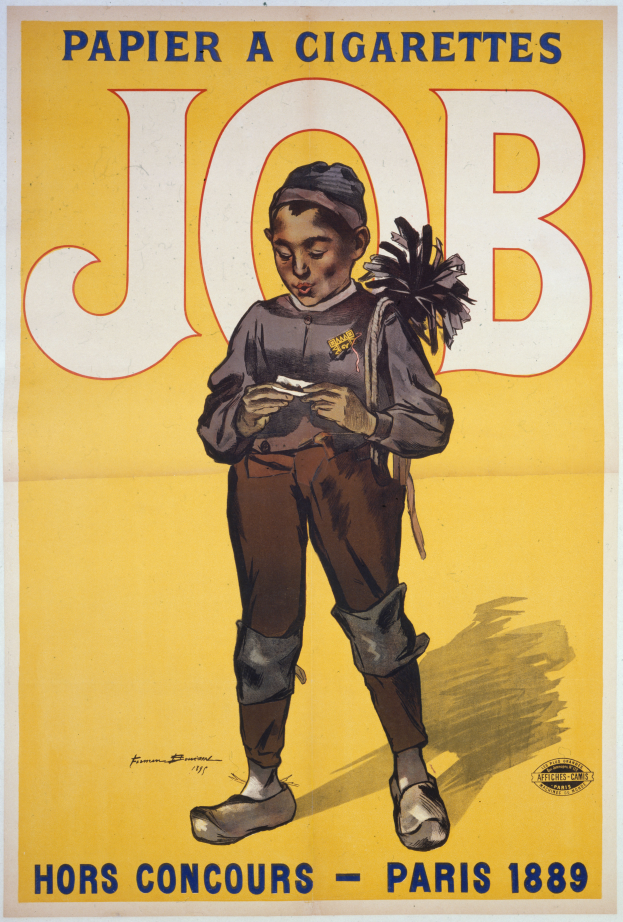 Ein junger Junge mit entschlossener Miene hält eine Zigarette in der Hand und steht vor einem Stellenangebot-Plakat.