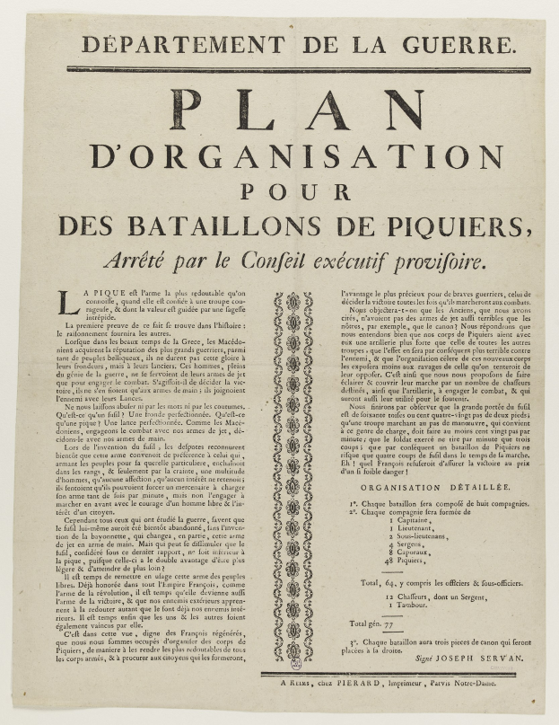 Ein historisches Dokument mit dem Titel "Plan d'Organisation pour des Bataillons de Piquiers, Arreté par le Conseil Executif Provifoire", das einen Plan zur Organisation von Pikemen-Bataillonen enthält.