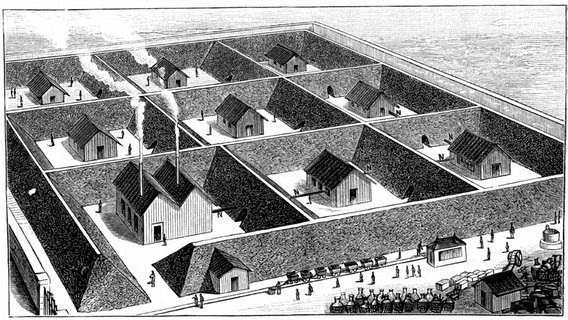 Schwarz-weiß-Zeichnung aus den 1880er-Jahren von einer Festung mit Gebäuden, Häusern, Menschen, Wagen und anderen Objekten.