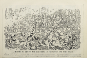 Ein Blatt mit einer Zeichnung von diskutierenden Menschen, betitelt "Eine Zusammenkunft, um die Prinzipien des Schutzes und des freien Handels zu diskutieren", mit gestikulierenden Figuren und fettem Text innerhalb eines dekorativen Rahmens.