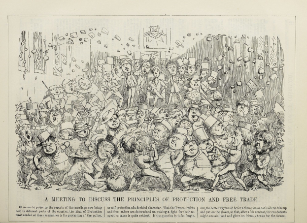 Ein Blatt mit einer Zeichnung von diskutierenden Menschen, betitelt "Eine Zusammenkunft, um die Prinzipien des Schutzes und des freien Handels zu diskutieren", mit gestikulierenden Figuren und fettem Text innerhalb eines dekorativen Rahmens.