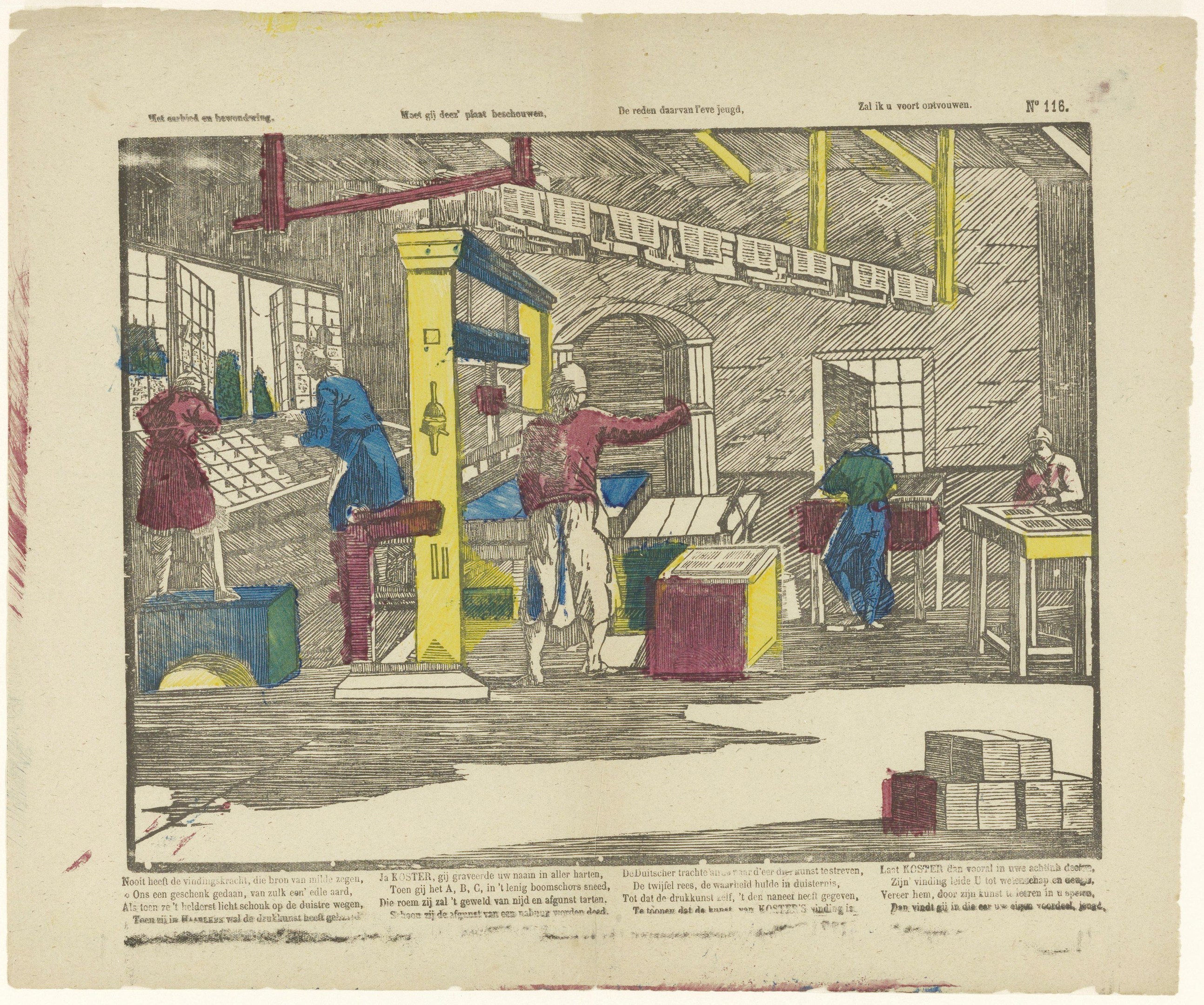 Eine von Hand gezeichnete Fabrikszene mit Arbeitern, die Maschinen bedienen, Tischen, Fenstern und anderen Gegenständen, mit Text am unteren Rand des Papiers.