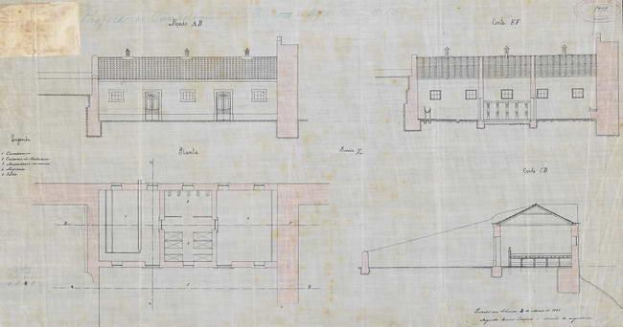 Ein detailliertes architektonisches Zeichnung eines mehrfenstrigen Schulgebäudeentwurfs auf Papier mit begleitendem Text.