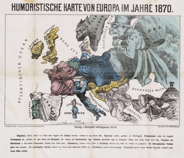 Ein Plakat mit der Aufschrift "Humoristische Karte von Europa im Jahre 1870", das eine Karte von Europa mit Cartoon-Bildern und Text umgeben zeigt.
