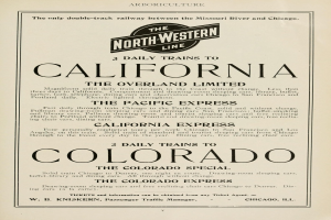 Zeitung mit gedrucktem Text, der tägliche Züge nach Kalifornien, The Overland Limited, The Pacific Express und Colorado auf der North Western Line ankündigt.
