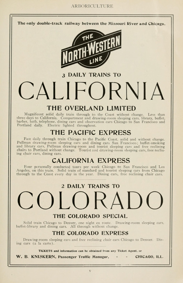 Zeitung mit gedrucktem Text, der tägliche Züge nach Kalifornien, The Overland Limited, The Pacific Express und Colorado auf der North Western Line ankündigt.