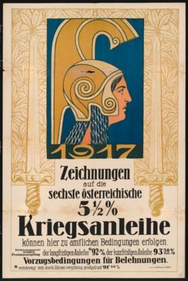 Plakatankündigung für ein 1917er Konzert in Berlin, Deutschland, mit einer Frau in einem Helm, die ein Schwert hält, und Text darauf.