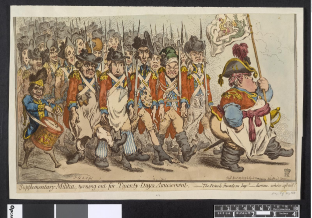 Gruppe von Männern in Militäruniformen marschiert auf einer Straße, einer hält einen Stock in der Hand, mit Text 'Ergänzender Militärdienst, Ausmarsch für Zwanzig-Tage-Vergnügen' unten.