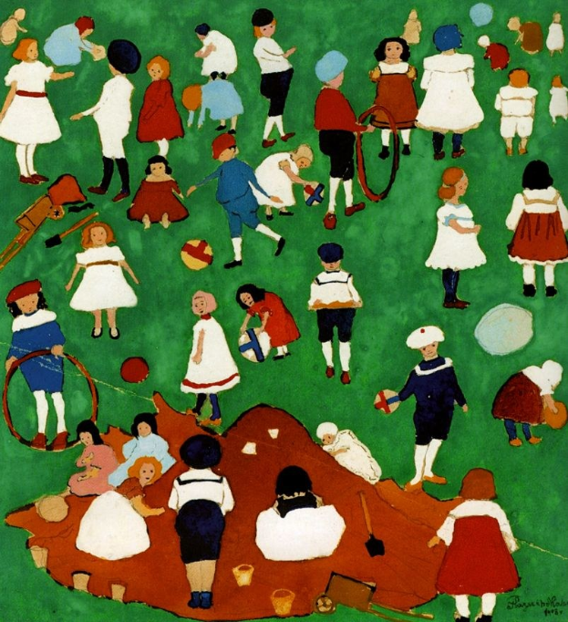 Malerei von Kindern, die auf einem Feld spielen und Gegenstände wie Bälle und Schaufeln halten, mit einem Wasserzeichen auf der rechten Seite.