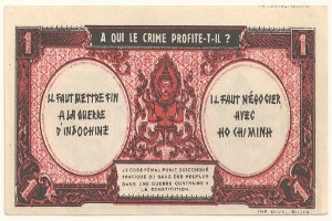 Alte französische Banknote mit ernstem Mann im Anzug, Text "A qui le crime profite-il?" und schwarzem Rand auf weißem Hintergrund.