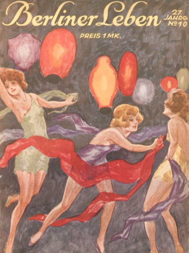 Ein Magazin-Cover mit einem Bild von drei Frauen in bunten Kleidern, die mit ausgestreckten Armen tanzen, umgeben von farbigen Ballons, mit dem Text 'Berliner Leben'