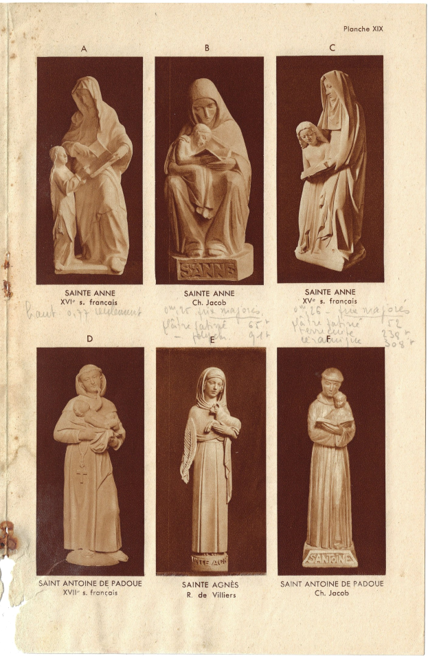 Collage aus Buchseite mit Statuen von Frauen mit menschlichen Gesichtern, jede mit begleitendem Text.