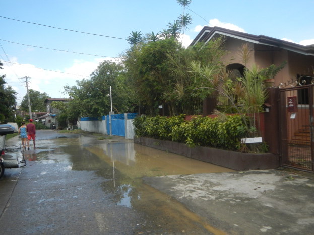 Eine flutende Stra�e mit einem geparkten Motorrad, Menschen, die gehen, Geb�ude, B�ume, Pflanzen, Masten, Dr�hte, ein Tor und ein bewölktes Himmel, mit einem Wasserzeichen auf dem Bild.