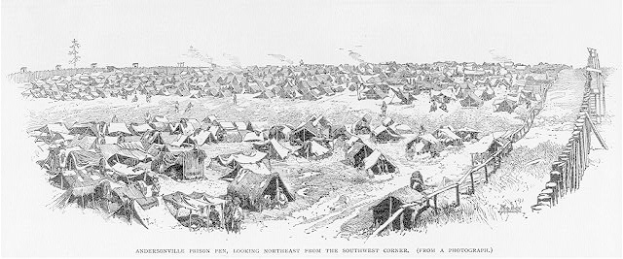 Schwarze und weiße Zeichnung einer großen Gruppe von Zelten auf einem Feld, mit einem Zaun auf der rechten Seite und Bäumen im Hintergrund, beschriftet mit "Andersonville Prison Pen, looking northeast from the southwest corner, from a photograph."