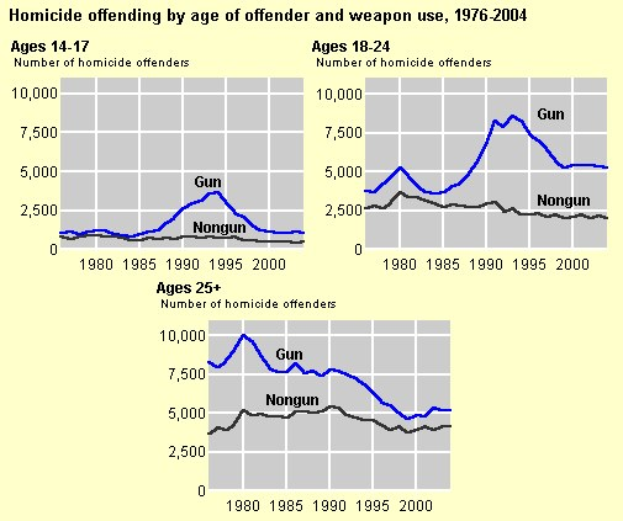 Graphik zeigt die Homicide-Offending-Rates nach Alter des Täters und Waffengebrauch von 1976 bis 2004 mit begleitendem Erläuterungstext.