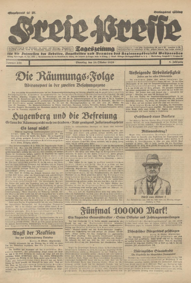Alte deutsche Zeitung vom 29. September 1929 mit der Schlagzeile "Sugenberg und die Defreiung" mit einem ernst aussehenden Mann in Anzug und Krawatte und Hut.