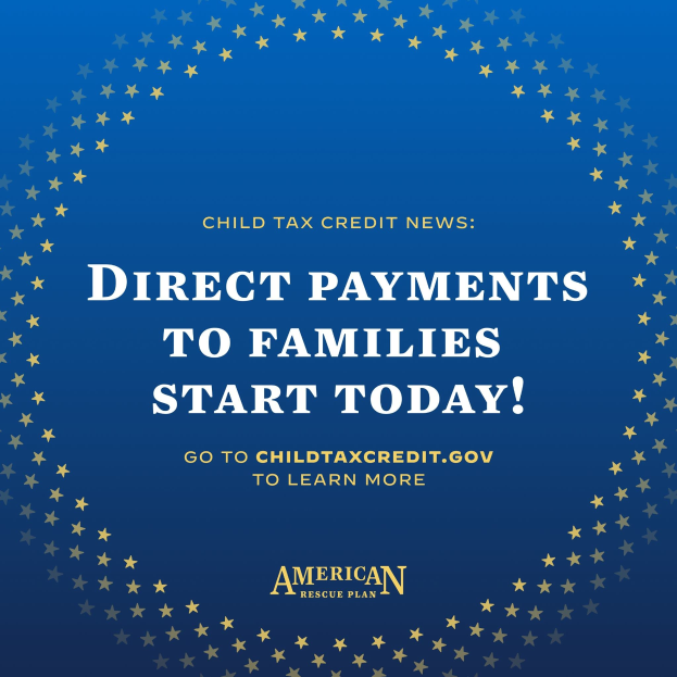 Plakat, das 'Direkte Zahlungen an Familien beginnen heute' mit einem sternförmigen Rahmen ankündigt.