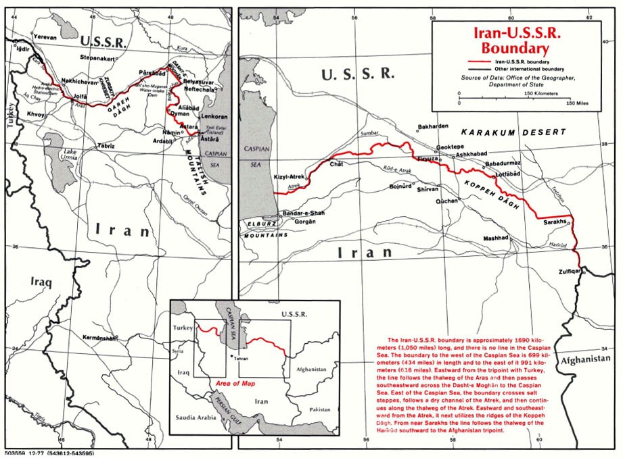 Detailierte Kartenvorlage des iranisch-sowjetischen Grenzverlaufs mit geografischen Merkmalen und Landesgrenzen, begleitet von erklärendem Text.