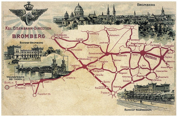 Detailreiches Vintage-Stil-Poster-Karte von Bromberg, Deutschland, zeigt Straßen, Gebäude, Bäume, eine Brücke und Text über die Geschichte und Sehenswürdigkeiten der Stadt.