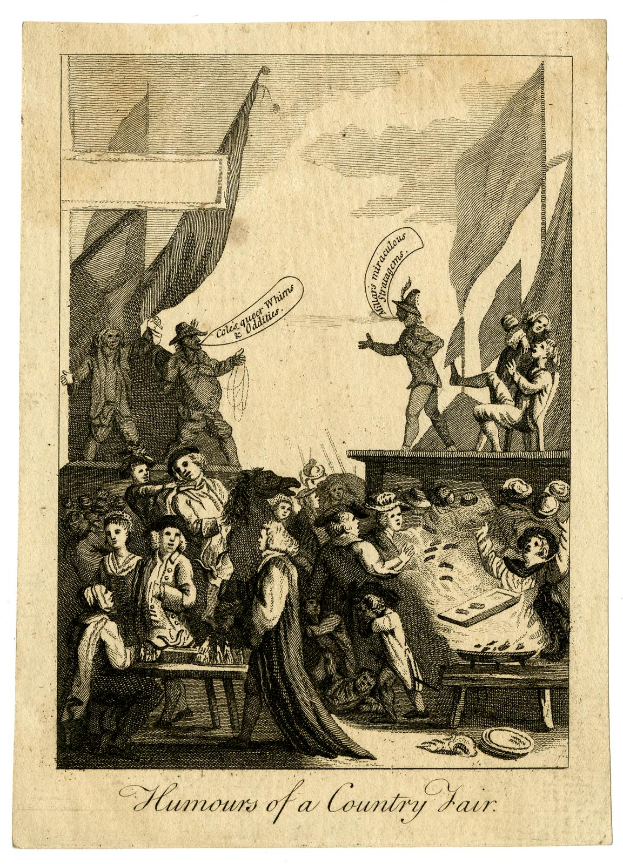 Eine Gruppe von Menschen sitzt an einem Tisch und lacht, während im Hintergrund Fahnen wehen und unten ein Text steht, der 'Die Heiterkeiten einer Landpartie' lautet.