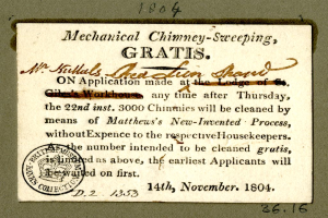 Ein Blatt mit Text und einem Stempel, auf dem steht: "Mechanische Schornsteinreinigung, gratis."