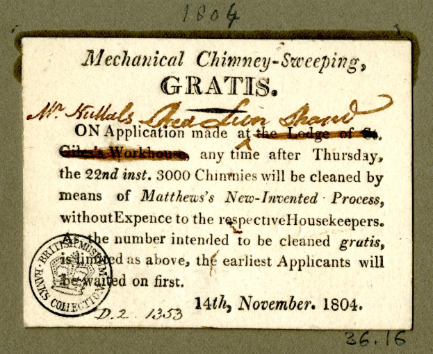 Ein Blatt mit Text und einem Stempel, auf dem steht: "Mechanische Schornsteinreinigung, gratis."