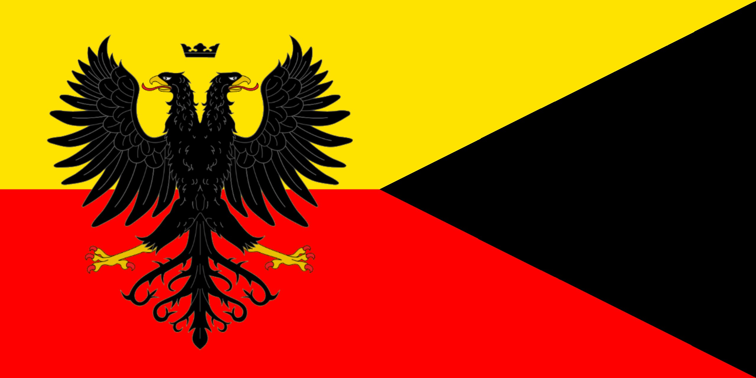 Deutsches Flagge mit drei horizontalen Streifen in Schwarz, Rot und Gold, das ein schwarzes Doppeladler-Motiv in der Mitte zeigt.