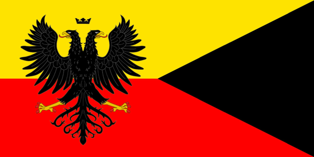 Deutsches Flagge mit drei horizontalen Streifen in Schwarz, Rot und Gold, das ein schwarzes Doppeladler-Motiv in der Mitte zeigt.
