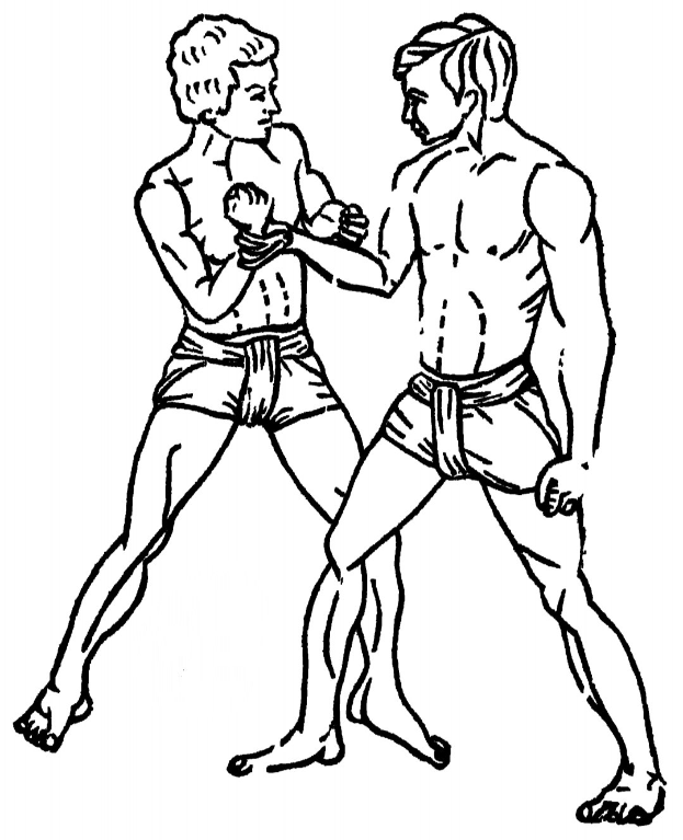 Zwei Männer in Boxhandschuhen und Shorts stehen sich in einer Malvorlage gegenüber, wobei einer einen Schlag austeilt.