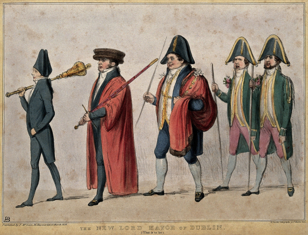 Eine Gruppe von Männern in Militäruniformen, die zusammenstehen, wobei einer einen Stock hält, und ein Text unten mit der Aufschrift "Der neue Bürgermeister von Dublin".