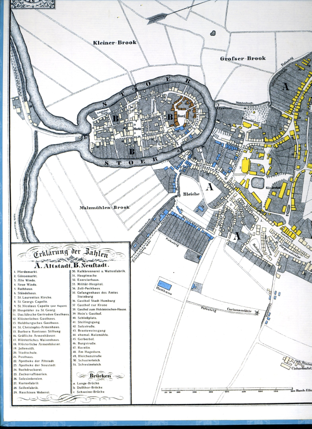 Ein detailliertes altes Stadtplan von Hamburg, Deutschland, mit schwarzem Rand, der Straßen, Gebäude, Sehenswürdigkeiten und Text zeigt, der Informationen über die Bevölkerung, Sehenswürdigkeiten und Straßen der Stadt enthält.