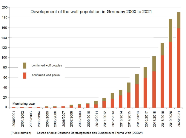 Liniengraph, der den Anstieg der Wolfspopulation in Deutschland von 2000 bis 2021 zeigt, mit begleitendem erklärendem Text.