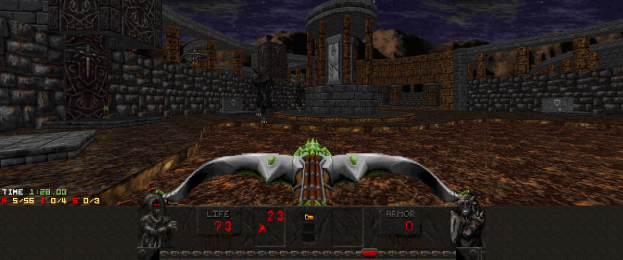 Ein Dungeon in *Dungeon Master II* mit einem zentralen Drachen umgeben von Wänden, Säulen und Gegenständen, mit Spielerdaten am unteren Rand.