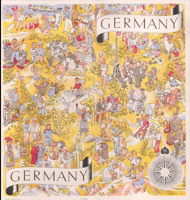 Plakat mit schwarzem Hintergrund, das eine Deutschlandkarte zeigt, die von zahlreichen Figuren bedeckt ist und von Text begleitet wird.