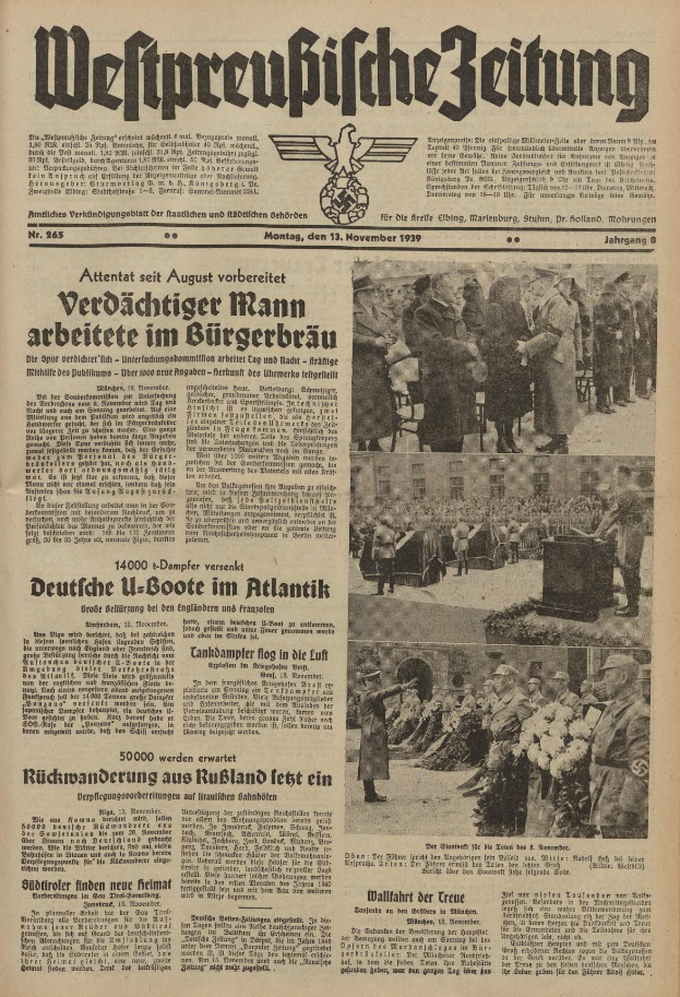 Alte deutsche Zeitungsvorderseite vom 13. November 1939 betitelt 'Weitpreubliche Zeitung', zeigt eine Gruppe von Menschen in traditioneller deutscher Kleidung in einer feierlichen Umgebung.