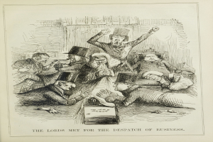 Ein Blatt Papier mit einer Zeichnung von besorgten Menschen und dem Text 'Die Lords trafen sich zur Geschäftsabwicklung'.