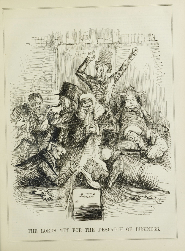 Ein Blatt Papier mit einer Zeichnung von besorgten Menschen und dem Text 'Die Lords trafen sich zur Geschäftsabwicklung'.