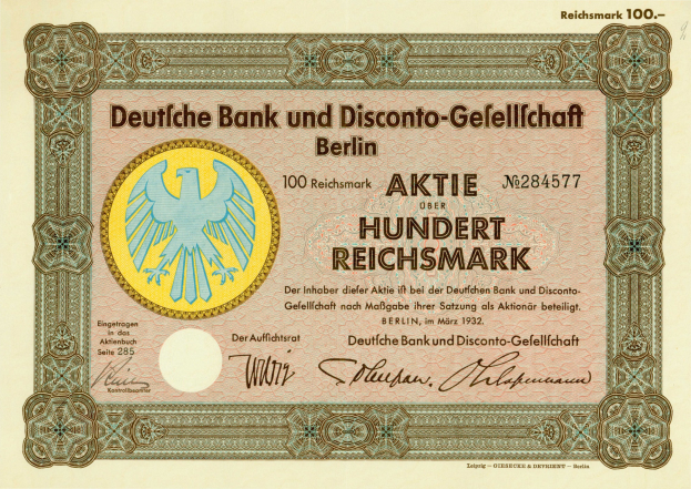 Alte deutsche Banknote mit einer Vogeldarstellung und der Inschrift "Deutsche Bank und Disconto-Gesellschaft Berlin."