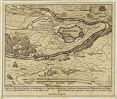 Detailierte alte Karte von Augsburg, Deutschland, mit Text oben und unten, die Straßen, Gebäude und andere Merkmale zeigt.