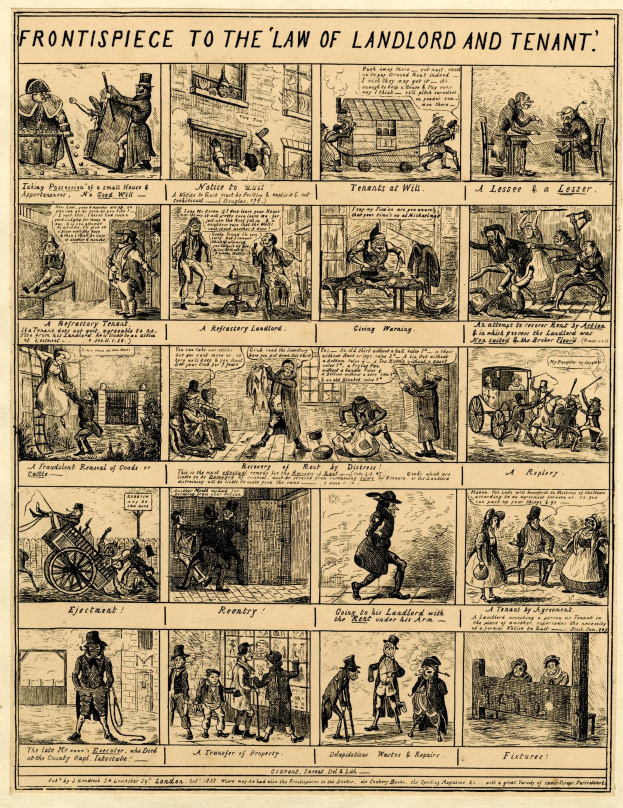 Cartoonartige Illustrationen von Menschen, Gebäuden und Gegenständen begleiten fett gedruckten Text auf einem Papier, das das Mietrecht zeigt und von einem dekorativen Rahmen umgeben ist.