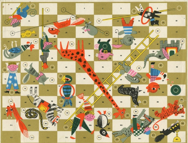 Ein farbenfrohes Brettspiel mit illustrierten Tieren wie Giraffe, Affe, Zebra und Nilpferd sowie Leitern und anderen Objekten.