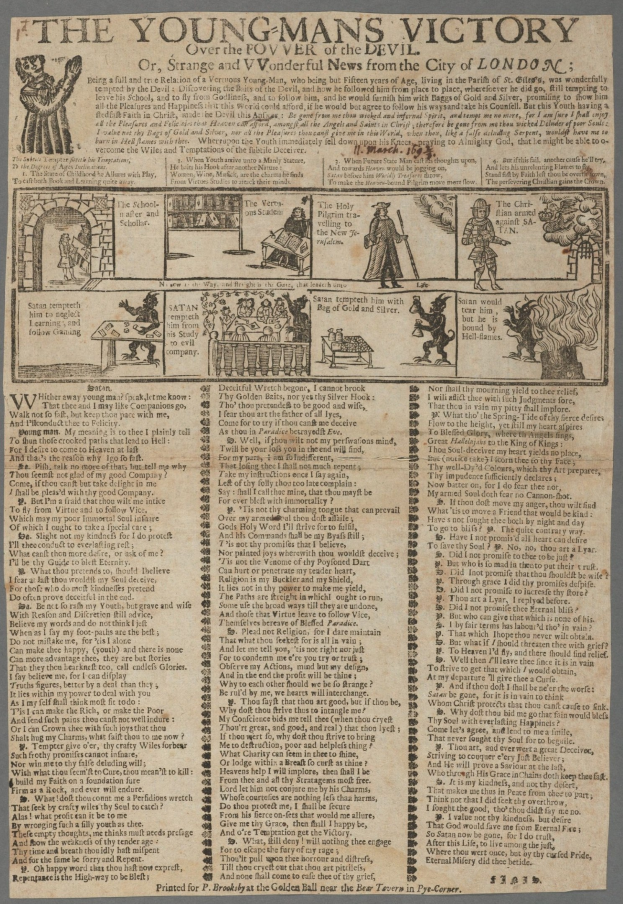 Ein Blatt mit Text und Illustrationen, das den Sieg eines jungen Mannes feiert, mit detaillierten Bildern von entschlossenen jungen Männern und auffälligem siegreichen Text.