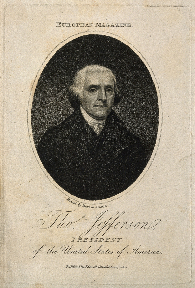 Portrait von Thomas Jefferson, Präsident der Vereinigten Staaten, in einem schwarzen Anzug und einem weißen Hemd, mit einem ernsten Gesichtsausdruck, der direkt in die Kamera schaut, auf dem Cover des European Magazine.