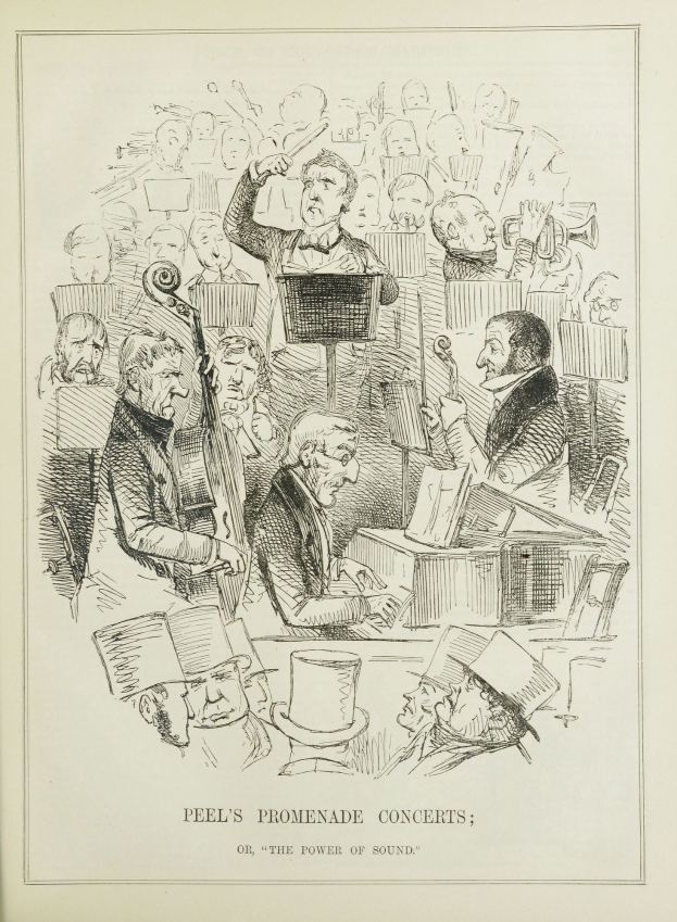 Eine Papiertitelillustration namens 'Peel's Promenade Concerts oder, die Kraft des Klangs' zeigt eine Gruppe von Musikern, die Instrumente wie eine Gitarre, ein Saxophon und ein Schlagzeug spielen.
